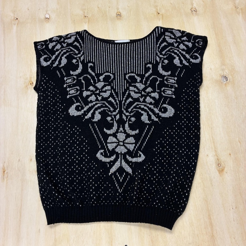 Vintage Picture Sweater Vest Womens Large Black Floral Tight-Knit Glitter USA